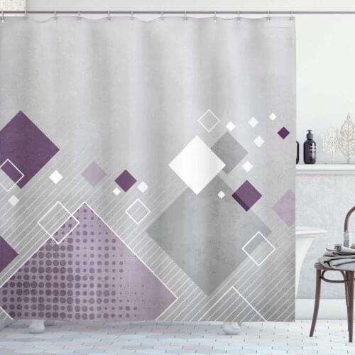Abstract Shower Curtain Geometric Composition with Different Colored Squares Striped Dotted Rhombus Bathroom Decor Set with Hook