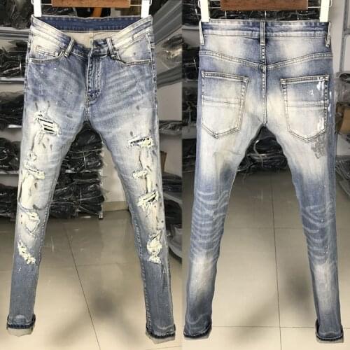 American Street Style Fashion Men Jeans Retro Light Gray Blue Slim Fit Ripped Jeans For Men Painted Designer Hip Hop Punk Pants