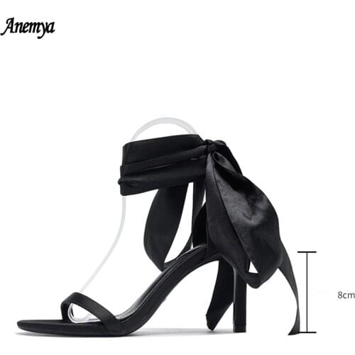 Tie Bow Fairy Style One Line High Heels Sandals Women Elegant Ankle Strap Party Shoes Woman Black White Wedding Shoes Summer New