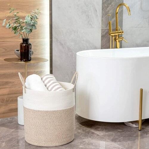 Decorative Woven Cotton Rope Basket Tall Laundry Basket Hamper Blanket Basket for Living Room