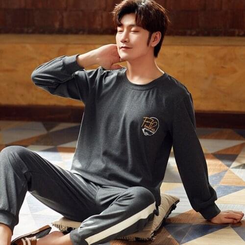 Cotton Pijama Set For Men Tshirt O-neck Plus Size Long Sleeved Pajamas Simple Deep Gray Sleepwear Clothing Winter Nightwear Male