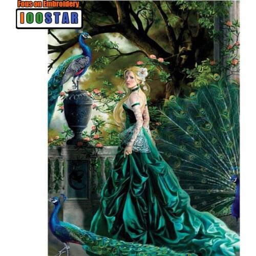 Beautiful girl and peacocks mosaic painting full diamond painting cross stitch portrait square diamond embroidery animals