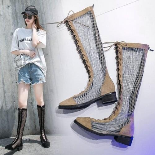 Summer long boots womens 2019 new wild thin mesh lace womens boots fashion slim matching motorcycle boots