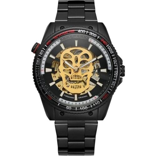 Gorben Black/Silver Luxury Mens Steampunk Skeleton Stainless Steel Automatic Mechanical Wrist Watch Male Wristwatch