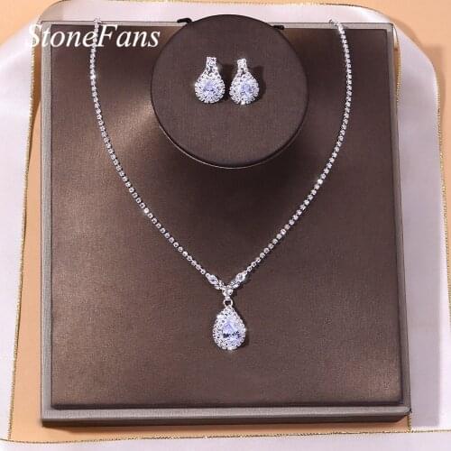 StoneFans Simple Crystal Water Drop Jewelry Set Necklace Set Cubic Zircon Charms Maxi Earrings Statement Wedding Jewelry Set