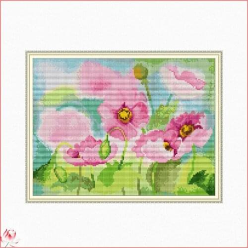 Pink Poppies Patterns Counted 11CT 14CT DIY Cross Stitch Sets Chinese Cross-stitch Kits Embroidery Needlework Home Decoration