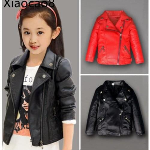2019 New Autumn Winter Childrens PU Leather Windbreaker Baby Gilr Fashion Outerwear Coats Red Black Solid Jackets Kids Clothes