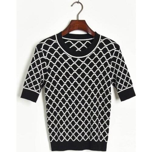 2020 New Summer Women designer plaid pattern slim elastic Knitted Sweaters Short sleeve Ladies Woman Casual Sweater Tops JC444