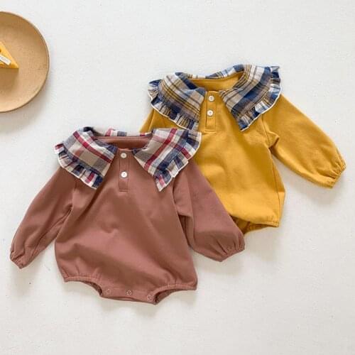 New 2021 Spring Newborn Infant Baby Girls Grid Neck Rompers Clothing Kids Girl Long Sleeve Rompers Clothes 0-3Yrs