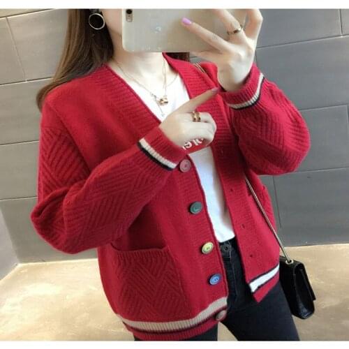 Core-Spun Yarn Autumn New Student Korean Style Loose Pockets Sweater Coat Female V-neck Long Sleeve Outer Match Knitted Cardigan