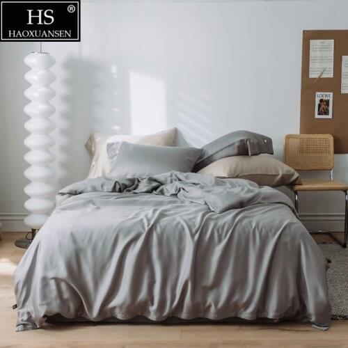 Grey Fabric 4Piece Bedding Sets Tencel Lyocell Soft Breathable Pillowcase Duvet Cover Fitted Sheet Bed Sheet Queen King Size
