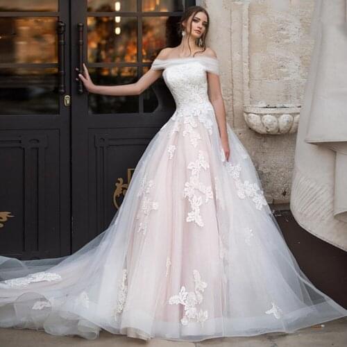 Boat Neck Luxury Wedding Dresses Off Shoulder Vestido de Novia Lace Up Back Princess Robe de Mariage Tulle Bridal Gown
