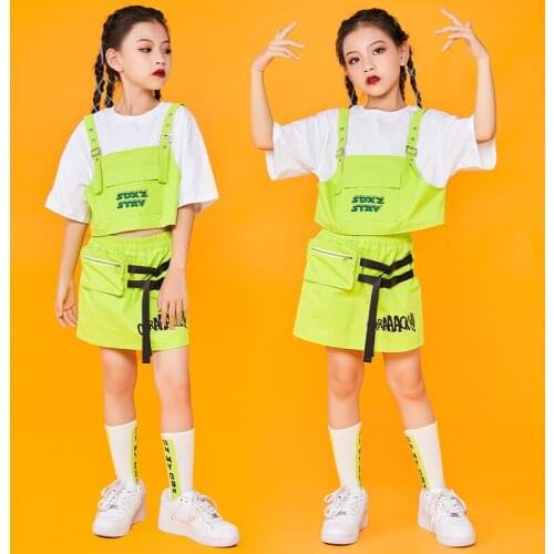 Kids Hip Hop Dance Outfits Girls Jazz Clothes Short Sleeves Crop Tops Green Skirt Cheerlead Dance Costume Stage Wear DNV15098