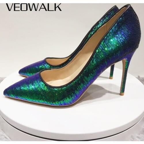 Veowalk Dark Green Women Sparkly Sequins Pointed Toe Stiletto Pumps Sexy Ladies Wedding Party High Heel Shoes Plus Size 3 12