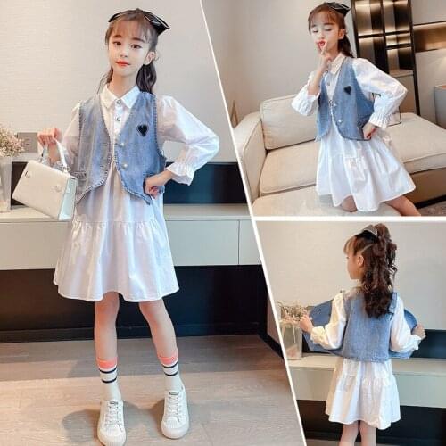 2021 Spring Children Clothing American And European Style Girls Dress + Denim Vest Two Pieces Clothes Set Kids Lovely Costume