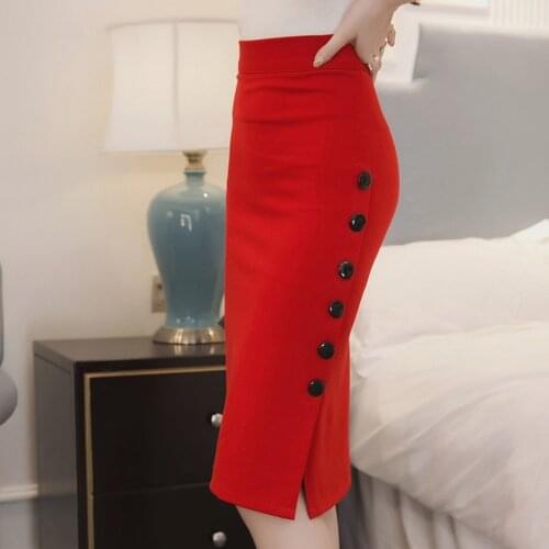 Womens Skirts Simple Casual Pencil Skirts Women High Waist Button Slit Office Skirts Multiple Sizes Skirt Mujer Faldas @40