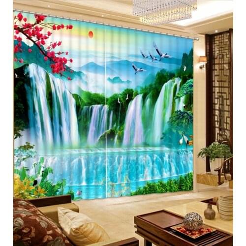 Custom Any Size 3D Curtain Waterfall Scenery Flowers Green Curtains Blue Curtains Window Curtain Living Room