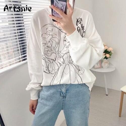 Artsnie Disney Cartoon Oversized Sweatshirt Women Autumn O Neck Long Sleeve Hoodies Streetwear White Casual Ladies Sweatshirts