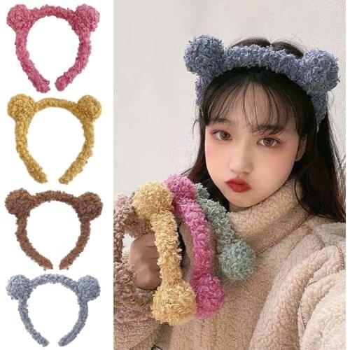 Women Girls Winter Cute Bear Ears Headband Solid Color Curly Faux Fleece Pompom Hair Hoop Wash Face Makeup Bathroom Bandana