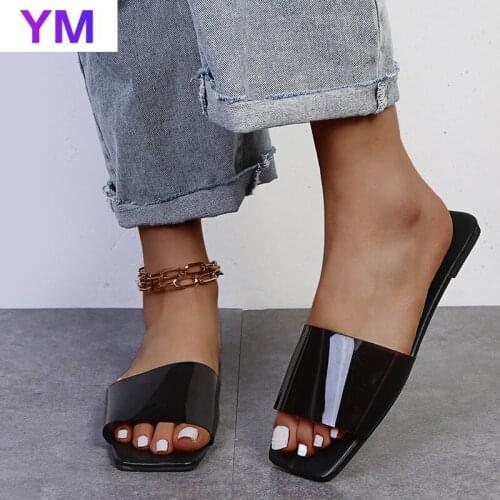 Summer Shoes Hot Clear Candy Color Women Sandals Square Toe Flat Transparent PVC High Pumpsjelly Size35-43 Zapatillas Mujer Casa