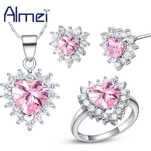 Almei Jewelry Sets Ladies Jewellery Silver Color Blue Stones Crystal Ring Set Pendant Earrings Wedding Accessories Women T475