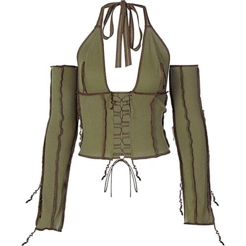 2020 Backless Halter Ribbed Tie Front Top Women Long Sleeve Cut Out Lace Up T-shirts Patchwork Sexy Bodycon Y2K Crop Top Tee
