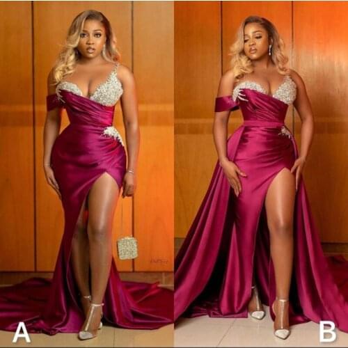 Purple Aso Ebi Prom Dresses Detachable Train Side Split Mermaid Evening Dress Lace Appliques Beads Sequins Women Party Vestidos