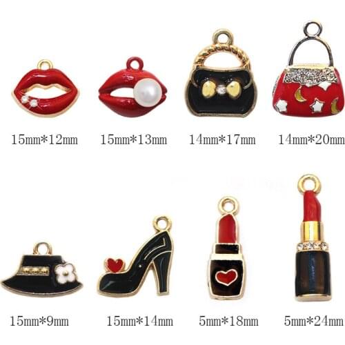 10pcs/lot Crystal Lipstick High-heel Shoes Bag Hat Dangle Handmade Charms Pendant DIY for Bracelet Necklace Bag