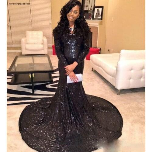 2019 African Black Girls Long Sleeves Prom Dress Mermaid Sequin Formal Holidays Wear Graduation Evening Party Gown Custom Made