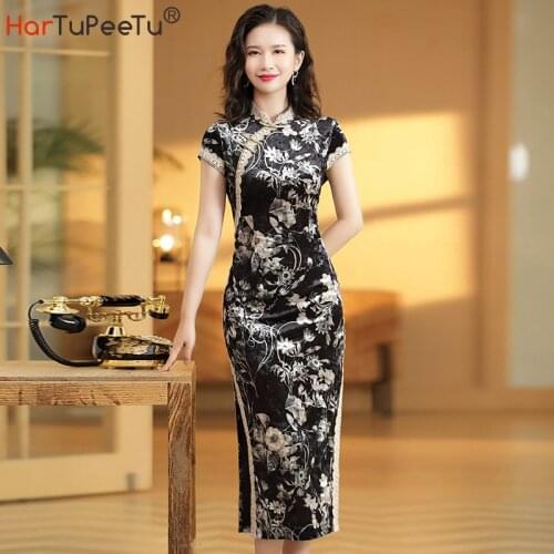 Printed Velvet Lace Short Sleeve Slim Long Cheongsam National Style Fashion Improved Chinese Traditional QiPao Dresses Dropship