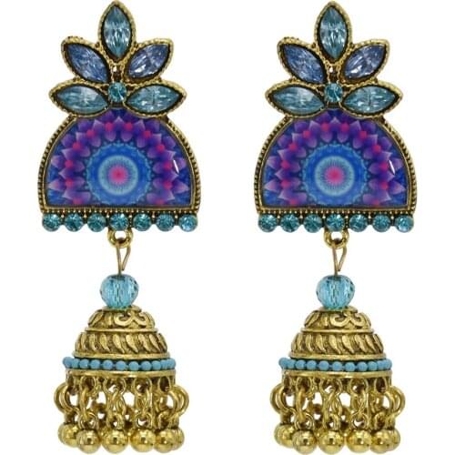 Bollywood Oxidized Colorful Crystal Gold bead Tassel Indian Jhumka Earrings For Women Ethnic Vintage Alloy Bell Dangle Earrings