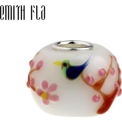 Emith Fla 925 Sterling Silver Large Hole 3D Bird Plum Blossom Murano Glass DIY European Charm Beads Fit Brand Bracelet Jewelry