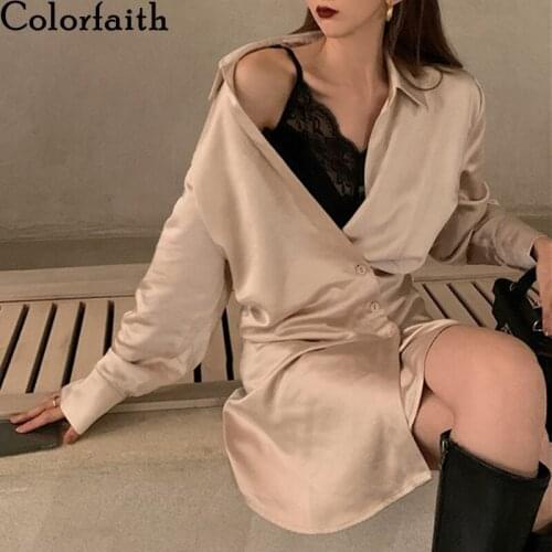 Colorfaith New 2020 Autumn Winter Women Dresses Satin Chic Korean Style Elegant Vintage Solid Wild Mini Lady Shirt Dress DR22274