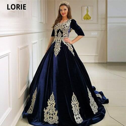 LORIE Elegant Navy Blue Evening Dress Long Velvet with Gold Appliques Formal A-line Prom Party Gown Dubai Vintage Muslim Gowns