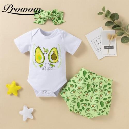 Prowow Avocado Baby Girls Bobysuits Summer Female Clothes Set For Childrens Baby Funny Newborms Bobysuit + Shorts Set For Girls