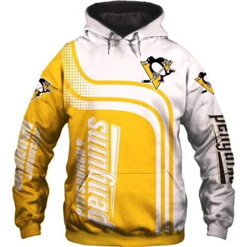 Pittsburgh Mens Fashion 3D Hoodie White Yellow Stitching Geometric Line Penguin Print Penguins Cool Outdoor Sweatshirt