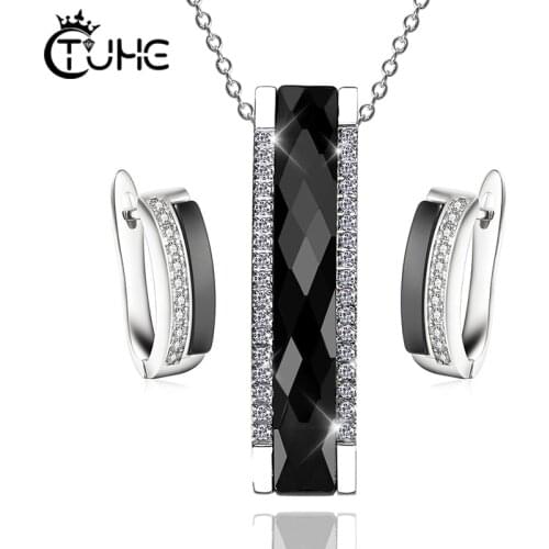 Healthy Black White Ceramic Jewelry Set Ceramic Retangle Pendant Neckalce Mini Crystal Earrings For Women Wedding Jewelry Gifts