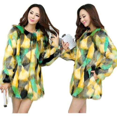 S-6XL European and American New Fashion Winter Female Clothes Mixed Color Womens Faux fur coat imitation Fox Fur Coat