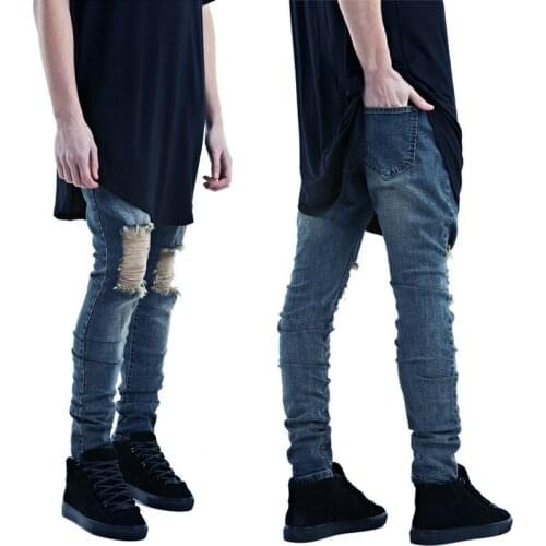 2017 New Mens Knees Holes Jeans Youth Sundries Elastic Feet Pants Tide Men Beggars Pencil Pants