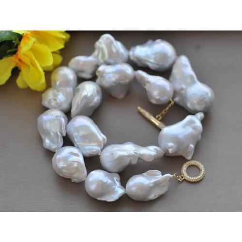 MCT·STAR Z10339 Huge 17"-24" 35mm White Baroque Keshi Reborn Pearl Necklace CZ