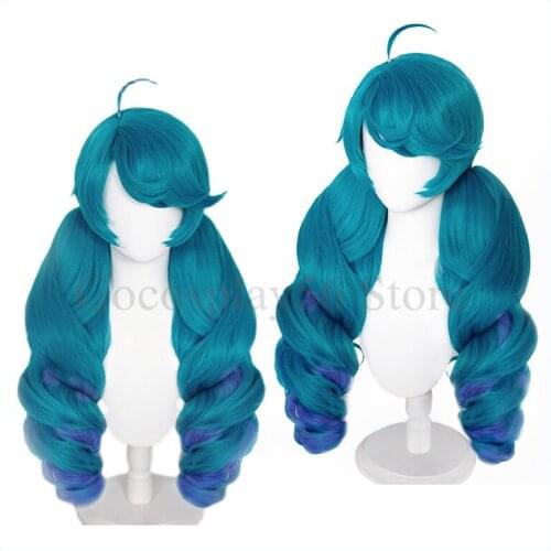 Gradient Green Blue Gwen Wig LoL Cosplay 80cm Long Curly Ponytails Wavy Heat Resistant Synthetic Hair Role Play