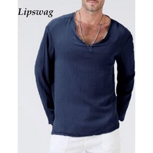 Casual Long Sleeve Loose Cotton Linen Tops For Men 2021 Spring Vintage V-Neck Pullover Male Plus Size Solid Shirt Streetwear 3XL