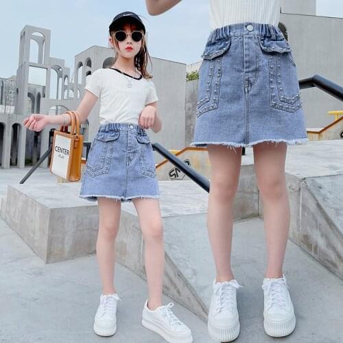 Girls Rivet Bag Hip Denim Skirt 2021 Spring Autumn Girls Half Skirt Teen Kids A-line Short Skirt