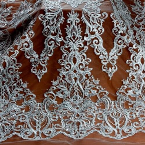 High quality off white large pattern with squins embroidery on mesh lace fabric wedding/evening dress lace fabric 130 by yard
