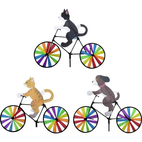 Funny 3D Cat Riding Bike Windmill Innovative Cartoon Cat Dog Wind Spinner Yard Art Garden Decoration Pinwheel Wind Spinner