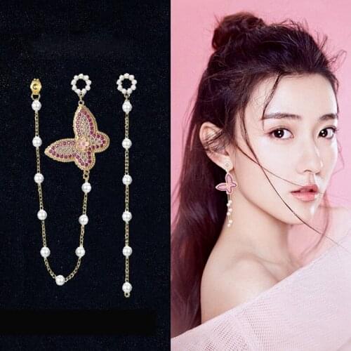 Super Cute Queen Earrings Sterling Silver Needle Micro Mosaic CZ Crystals Multicolor Butterfly Tassel Pearl Drop Earrings Female