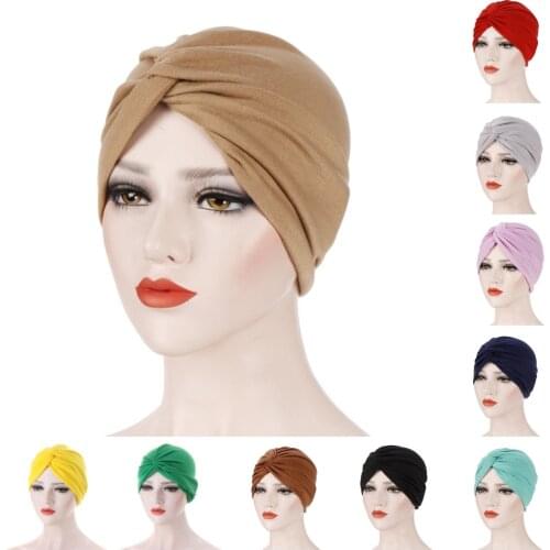 JTVOVO RUNMEIFA 2021New Solid Color Jersey Cross Forehead Bottoming Cap Womens Elastic Pullover Chemotherapy Cap Muslim India