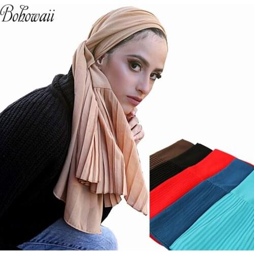 BOHOWAII Moslem Head Wear Ramadan Chusta Na Glowe Beautiful Chiffon Scarfs for Women Headwrap with Pleated Edge Hijabs