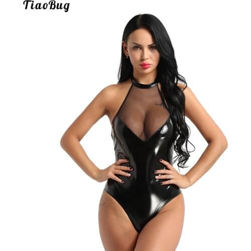 TiaoBug Women One-Piece Wetlook Faux Leather Mesh Patchwork Lingerie Halter Neck Sleeveless Backless High Cut Teddy Bodysuit
