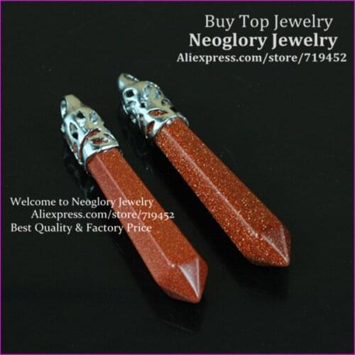 10PCS Natural Gold Sand Gems Long Wand Point Pendulum Pendant,Hexagon Healing Chakra Reiki Stone Druzy Pendant fit Necklace